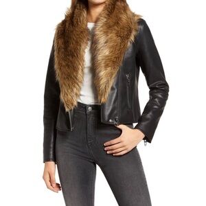 Blank NYC Black Leather Jacket with Brown Faux Fur Collar